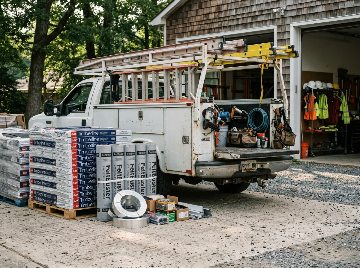 Professional roofing crew and tools on a residential job site, showcasing in-house team readiness and quality workmanship.