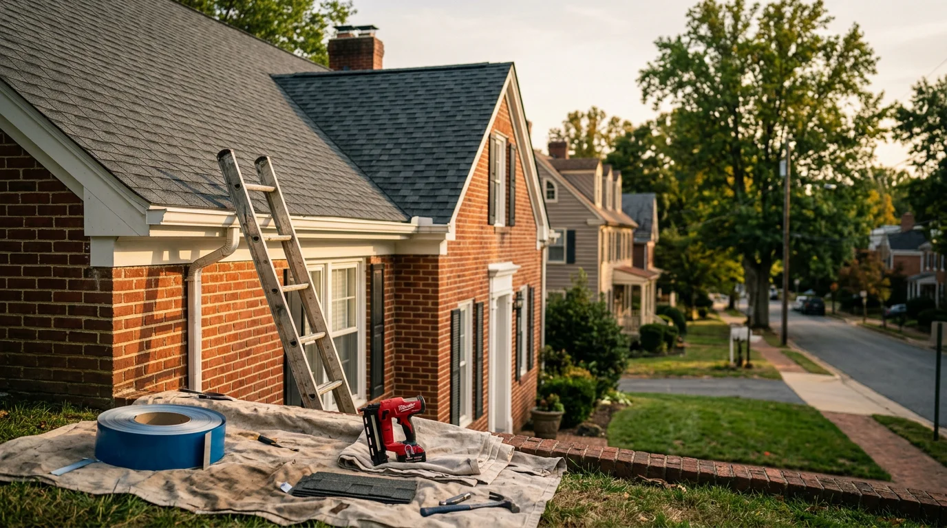 Roofer installing asphalt shingles on a residential roof in Annapolis, Maryland.