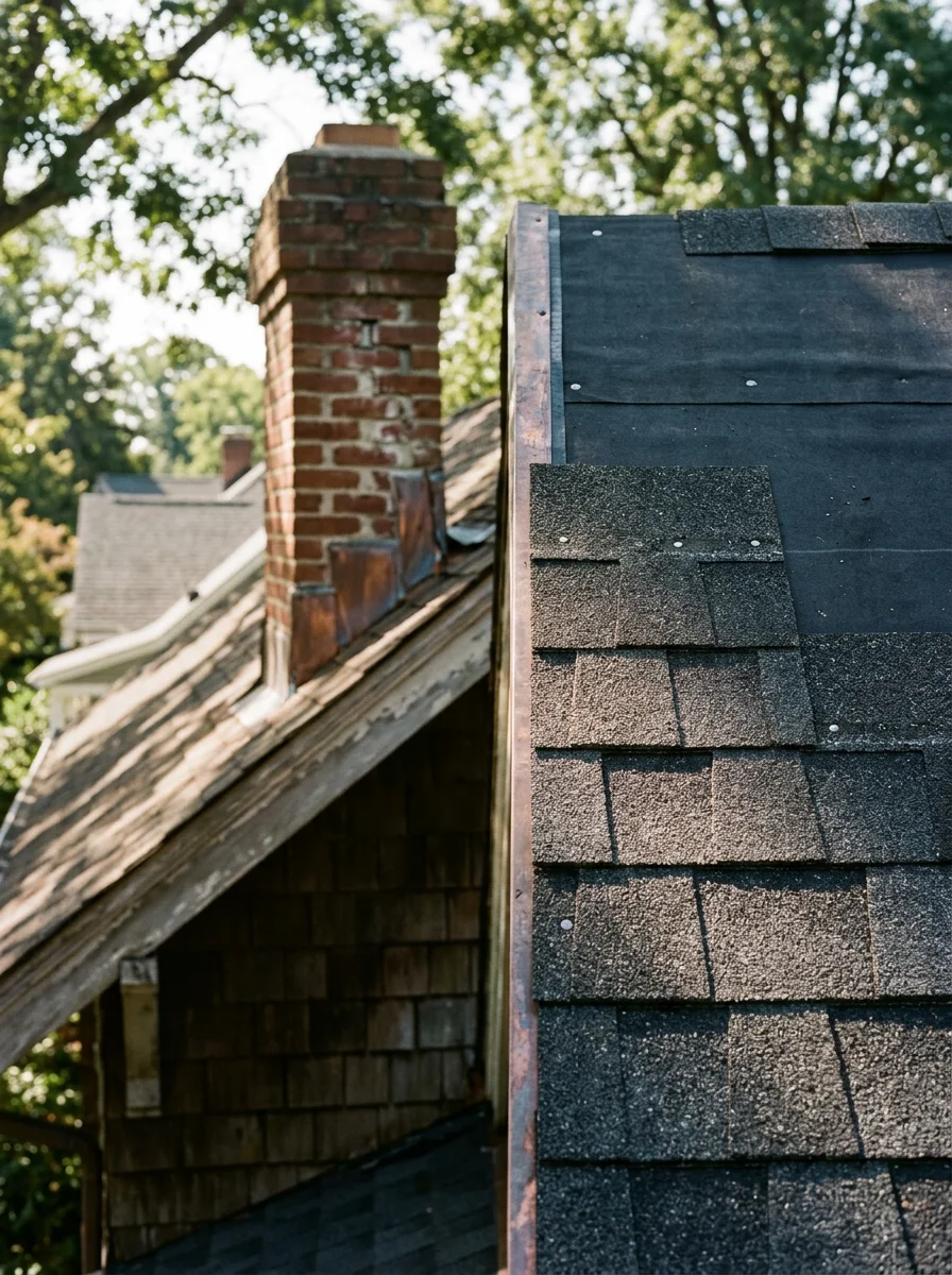 Close-up of a roof replacement in progress on a craftsman bungalow in Eastport, Annapolis, with new architectural shingles being installed over fresh underlayment.