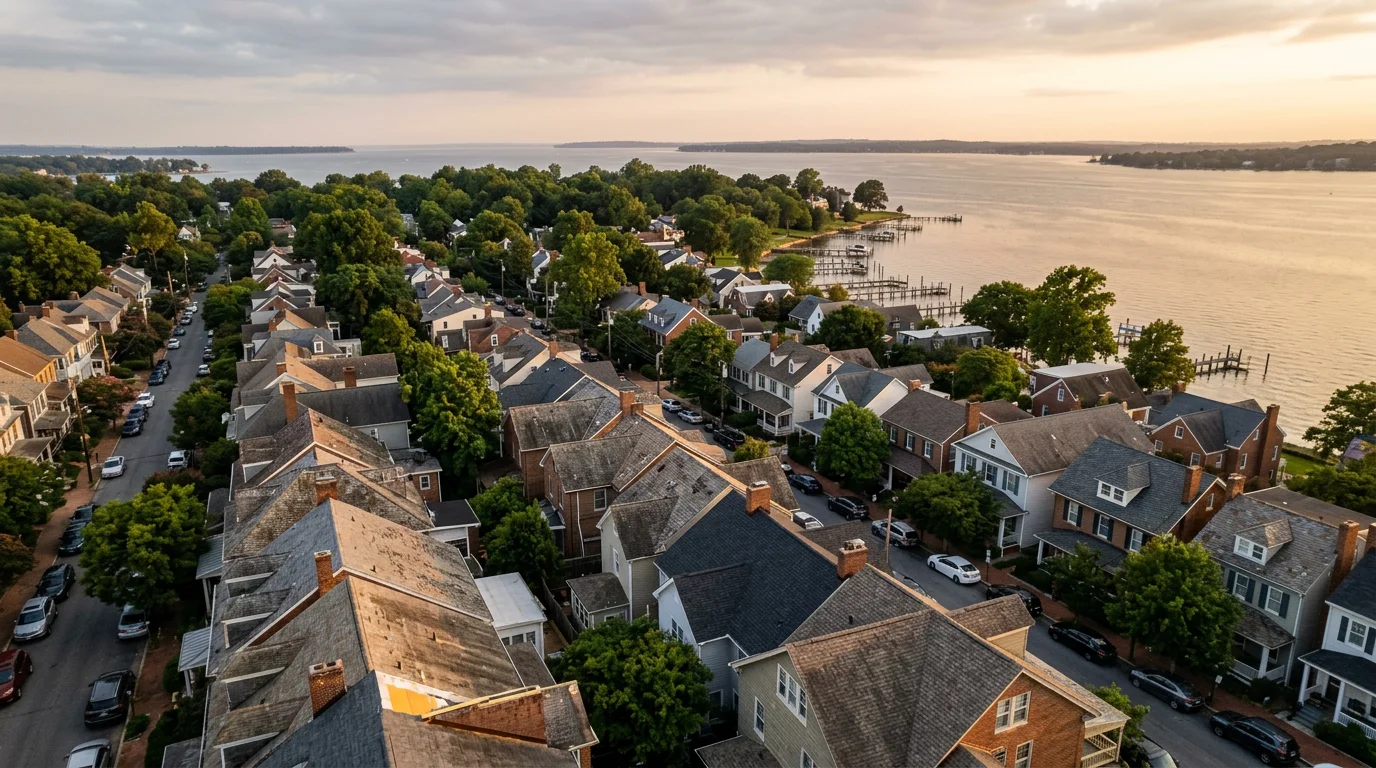 Aerial view of an Annapolis waterfront neighborhood showing asphalt shingle rooftops on colonial-style homes near the Chesapeake Bay shoreline.