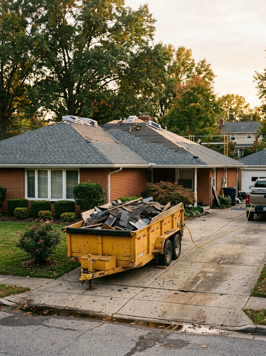 Roofing crew installing new shingles on a 1960s-era ranch home in Glen Burnie, Anne Arundel County, with tear-off debris visible in a dump trailer in the driveway.