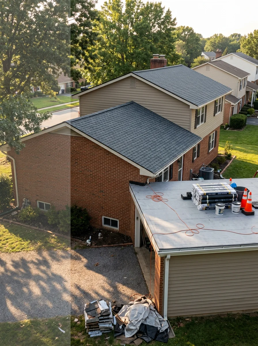 Roofing crew installing new architectural shingles on a multi-plane split-level home in Columbia, Howard County, with a low-slope garage section visible in the foreground awaiting membrane installation.