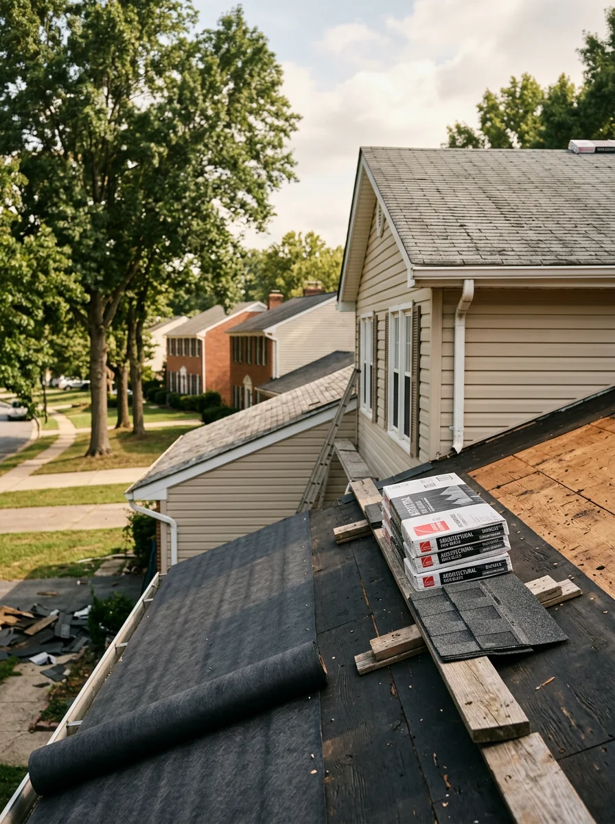 Roofing crew completing a full tear-off and shingle replacement on a split-level home in Bowie, Prince George's County, with new underlayment visible across the exposed roof deck.