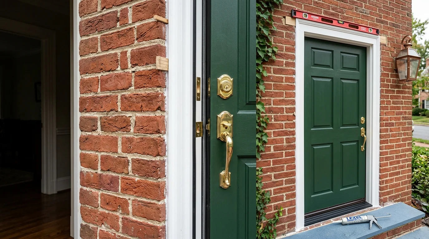 A newly installed exterior entry door on a residential home in Annapolis, Maryland, with clean trim work and a tight weatherstripped threshold. The door frame is level and flush against the exterior siding, showing a finished professional installation.