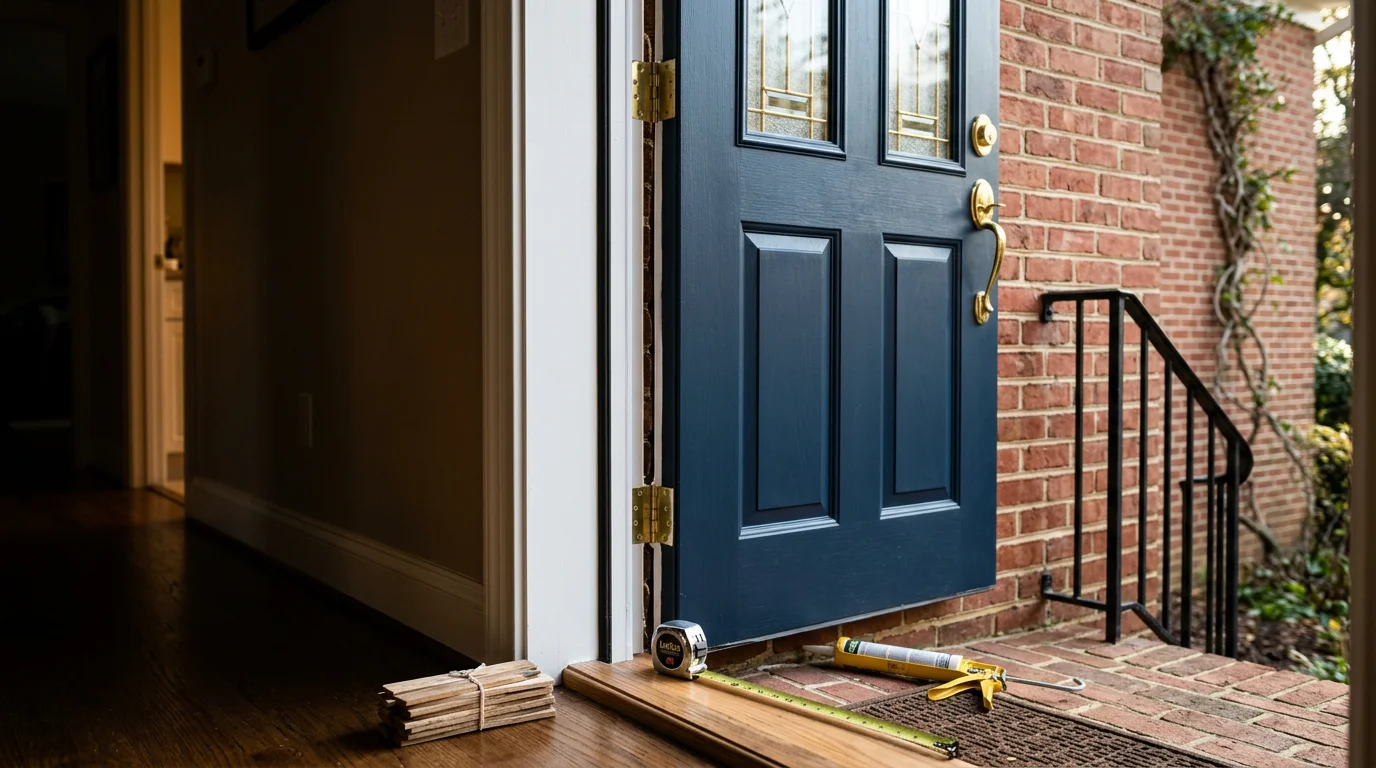 A newly installed fiberglass entry door on a residential home in Annapolis, Maryland, with a clean frame seal and updated exterior trim. The door replacement is shown from the exterior, set within a brick facade typical of Anne Arundel County homes.