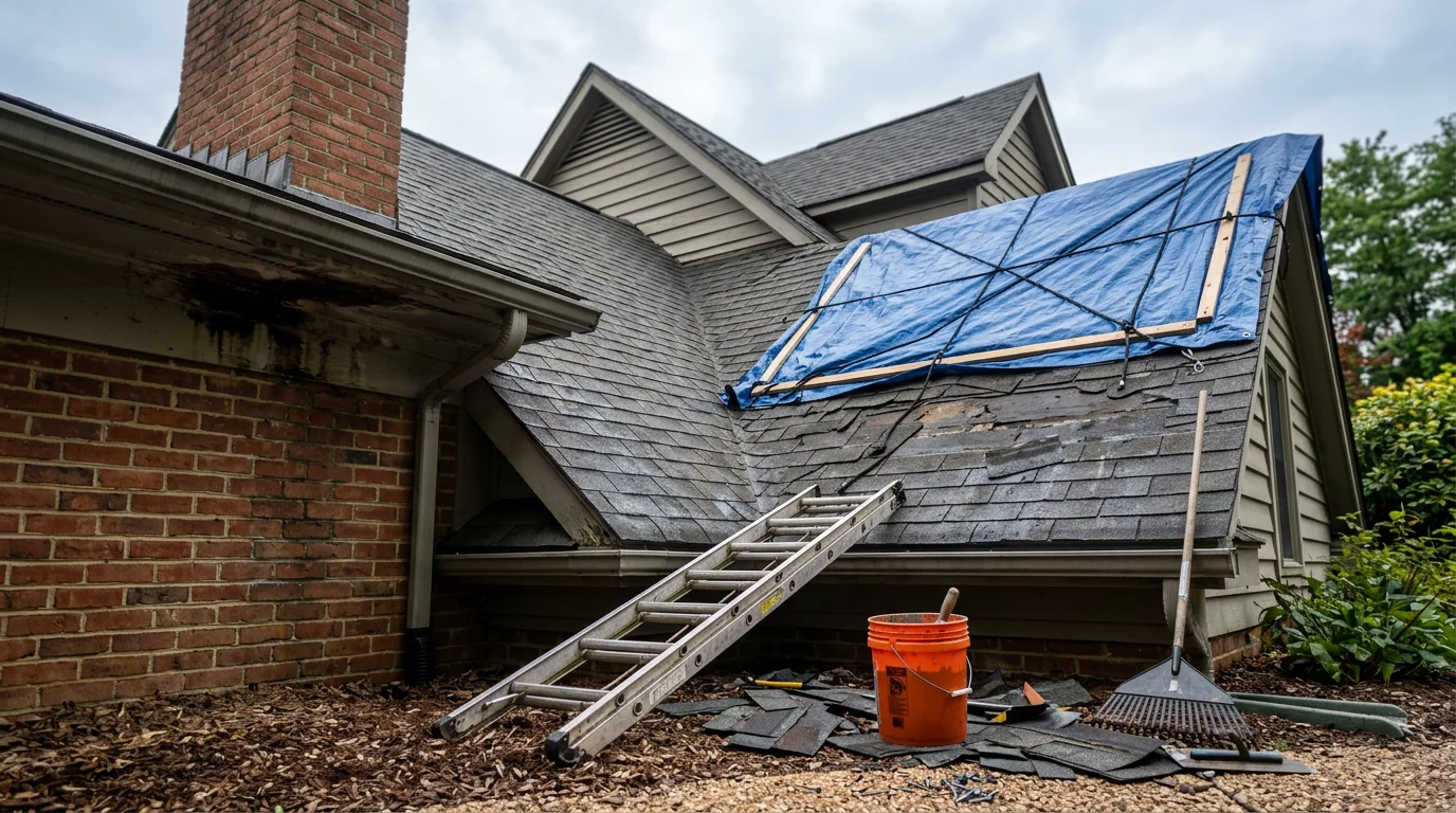 An Annapolis residential roof with visible storm damage including missing shingles and a blue protective tarp secured over the exposed section. A roofing crew member inspects the damaged area from a ladder against a Maryland residential home.