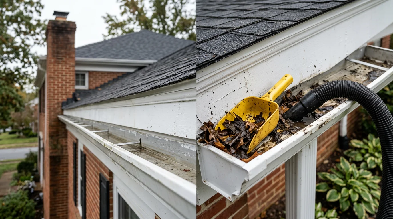 A Yellowstone Roofing Pros crew member clearing packed leaf and pine needle debris from a residential gutter on an Annapolis home. The downspout runs clear after cleaning, with the Chesapeake Bay region tree canopy visible in the background.