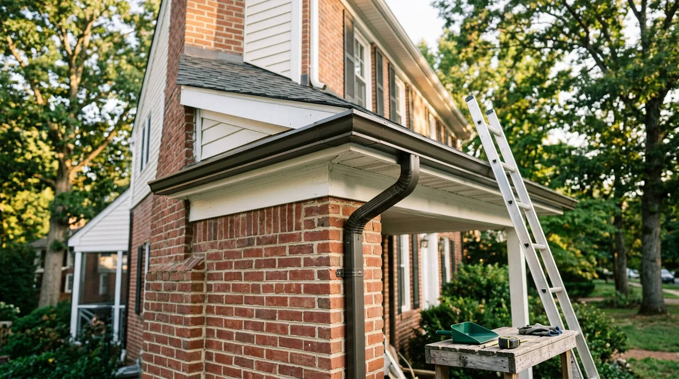 New seamless aluminum gutters installed along the roofline of a two-story home in Annapolis, Maryland, with downspouts positioned at the corners directing water away from the foundation.