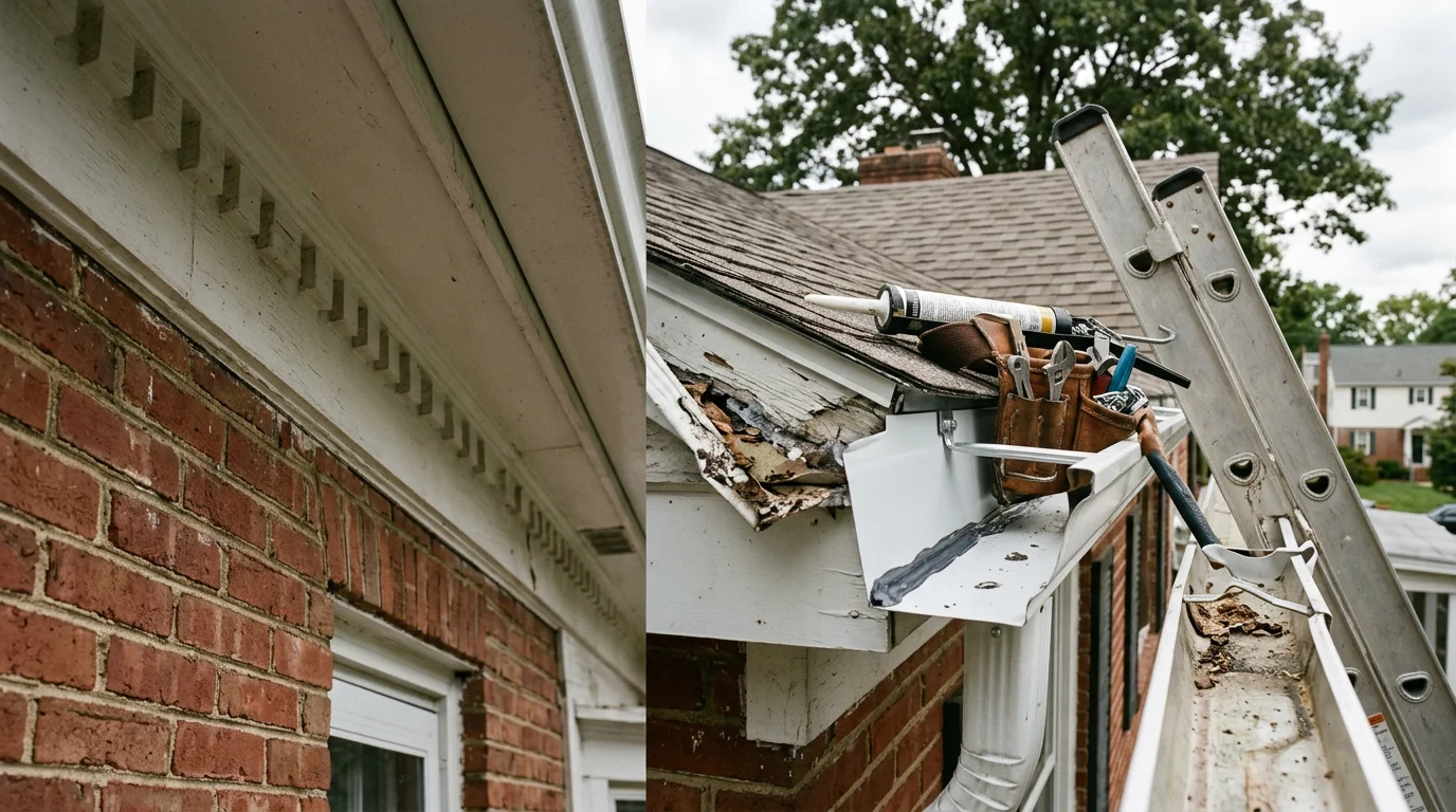 A gutter repair technician re-securing a sagging aluminum gutter section on a residential home in Annapolis, Maryland. The repaired run shows properly aligned hangers and a sealed seam above the fascia board.
