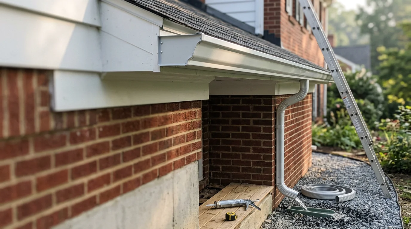 New seamless aluminum gutters installed along the roofline of a two-story home in Annapolis, Maryland, with downspouts directed away from the foundation. Replacement gutter system shown after removal of old sagging sectional gutters on an Anne Arundel County property.