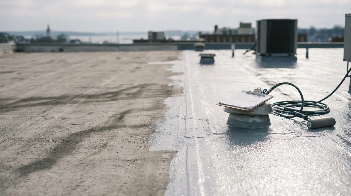 A flat commercial roof in Annapolis, Maryland after elastomeric coating restoration, showing a clean white seamless membrane surface with sealed flashings and drain areas. The finished coating reflects sunlight across the low-slope roof deck near the Chesapeake Bay region.