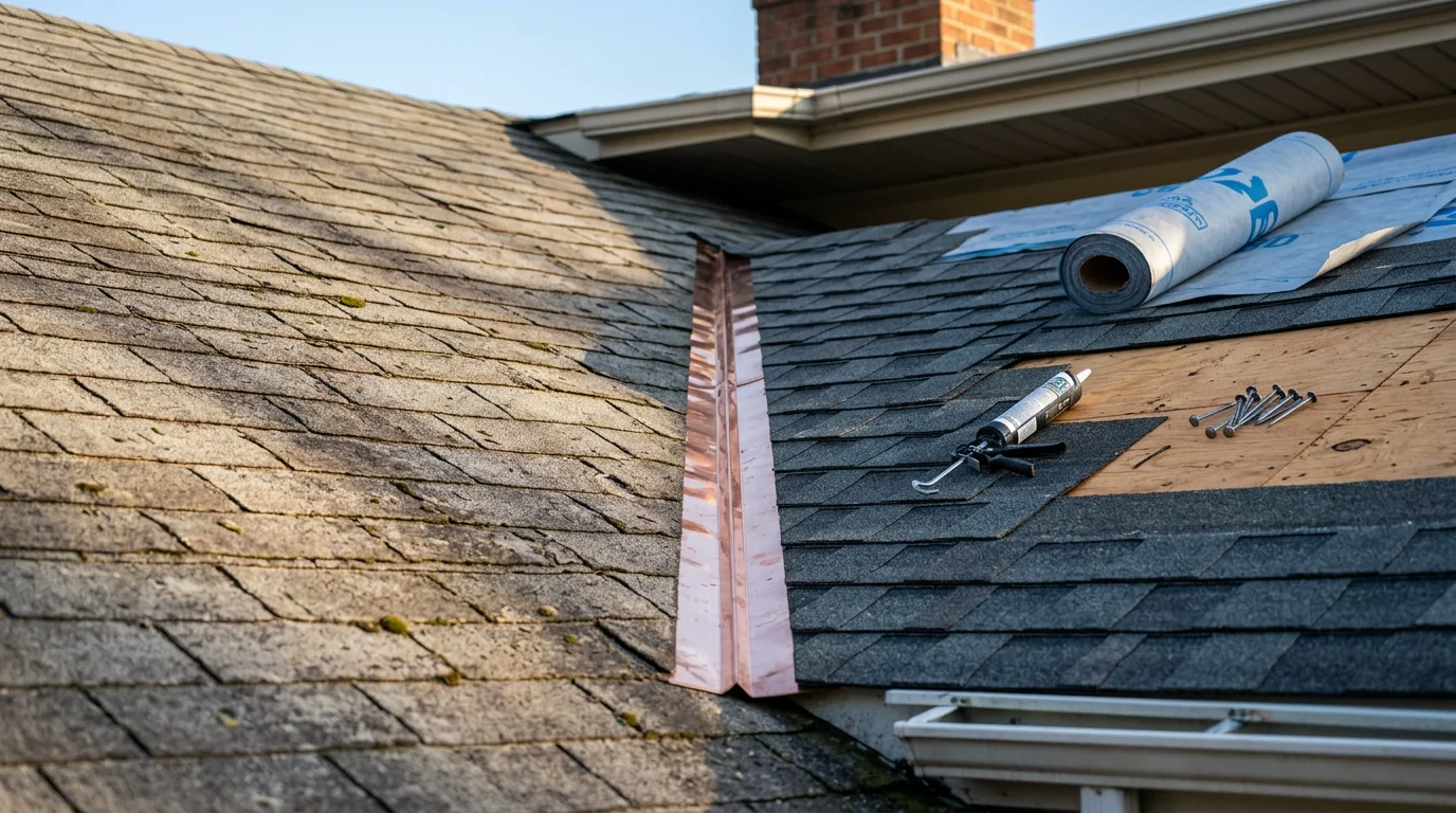 A Yellowstone Roofing Pros crew member replacing damaged asphalt shingles on a residential roof in Annapolis, Maryland, with the repair area clearly visible against the surrounding intact roofing surface.