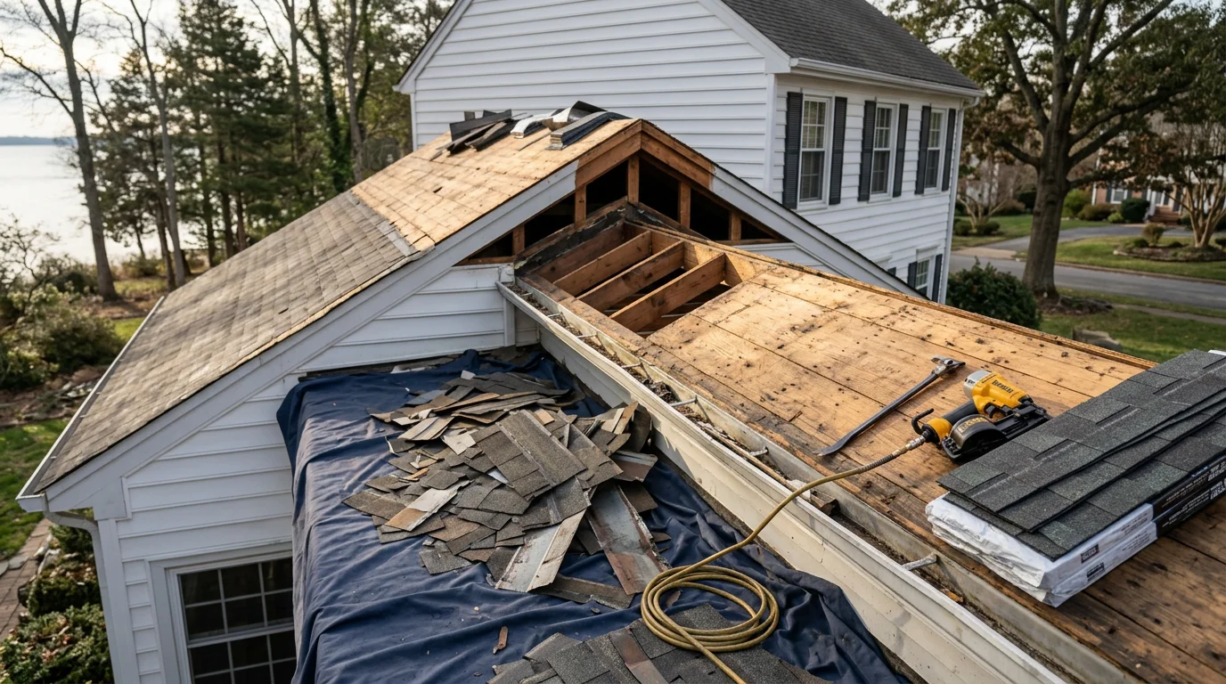 Completed residential roof replacement on an Annapolis home showing new architectural shingles installed over a fully inspected deck. The finished roof faces the coastal Maryland sky with clean ridge lines and new flashing at all edges and penetrations.