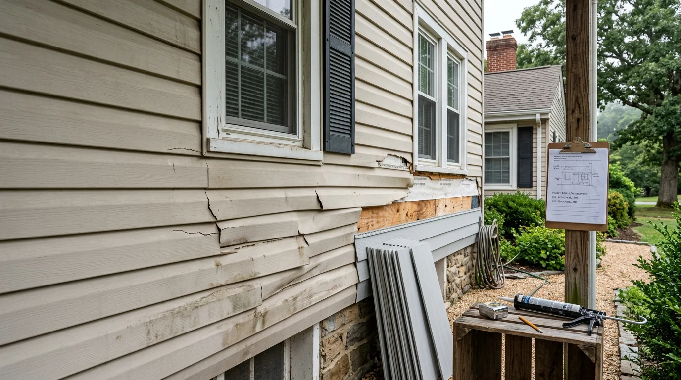 A Yellowstone Roofing Pros crew member repairing cracked vinyl siding panels on a residential home in Annapolis, Maryland. Close-up view shows fresh panel sections being fitted along the exterior wall on a clear day.