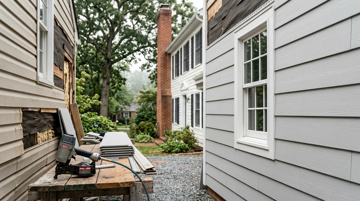 Completed siding replacement on a two-story residential home in Annapolis, Maryland, showing new fiber cement panels installed over the full exterior. Fresh siding covers the front and side elevations with clean trim lines and no visible gaps or damage.
