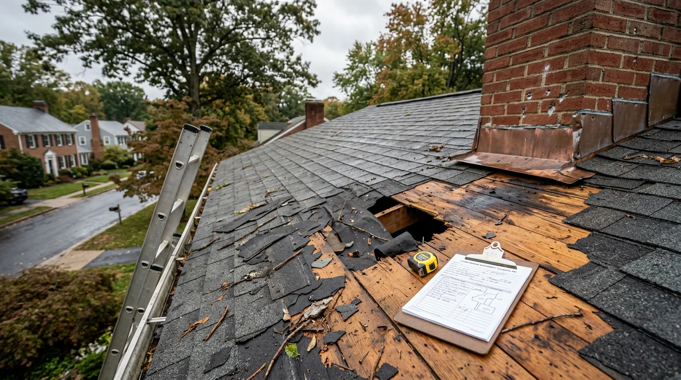 An Annapolis residential roof showing wind-lifted shingles and exposed underlayment after a coastal storm. A roofing crew from Yellowstone Roofing Pros inspects the damaged slope and prepares to stabilize the affected sections.