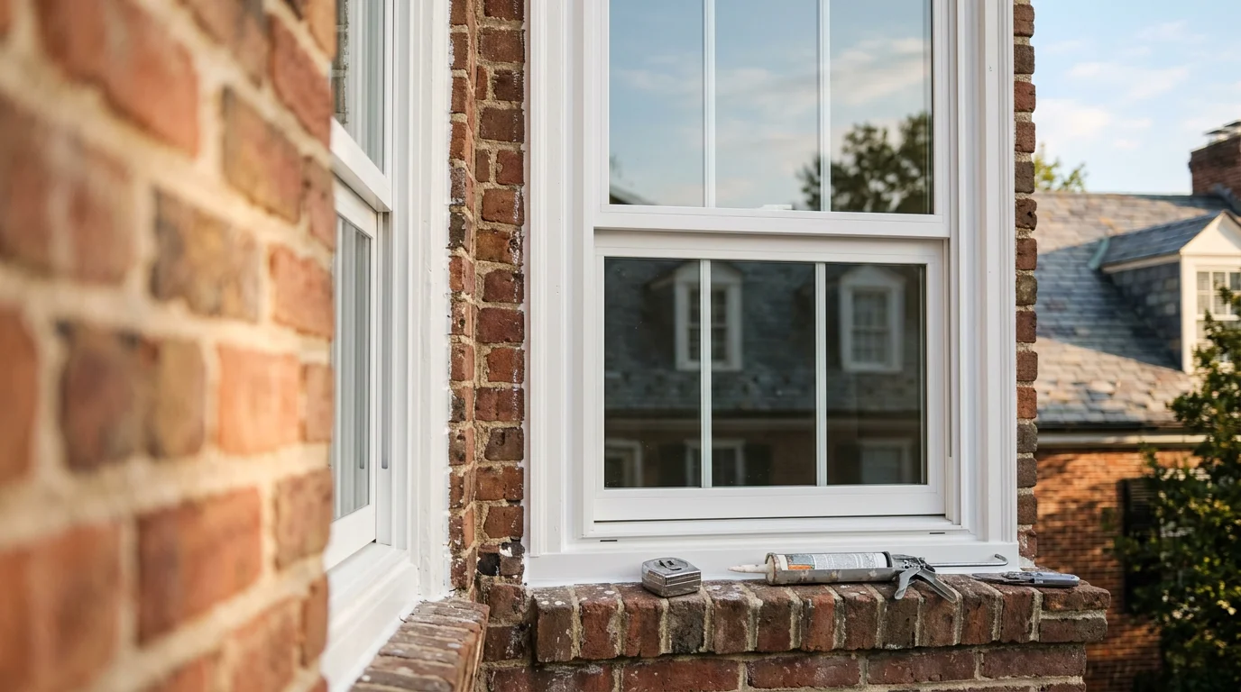 A freshly installed vinyl window on a two-story Annapolis home, showing a clean frame seal against painted wood siding with the Chesapeake Bay visible in the background. An in-house crew member checks the frame alignment from the exterior.