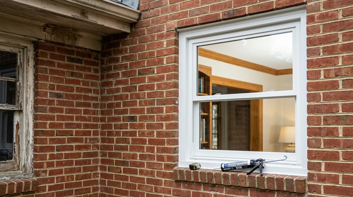 A freshly installed vinyl replacement window on a two-story home in Annapolis, Maryland, with clean exterior trim and no visible gaps around the frame. The window overlooks a residential street typical of Anne Arundel County neighborhoods.